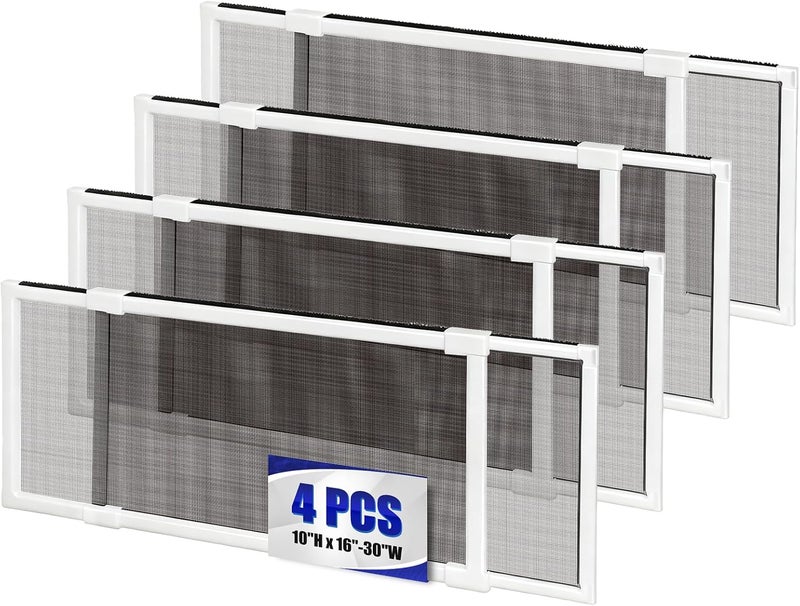 TooCust 4 Pack Expandable Window Screen, 2 Way Sliding Adjustable Window Screen, Horizontal (10" H x 16" - 30" W), Horizontal and Vertical Adjustable, Durable Replacement Screen for Window, Window Screen Mesh - Image 1